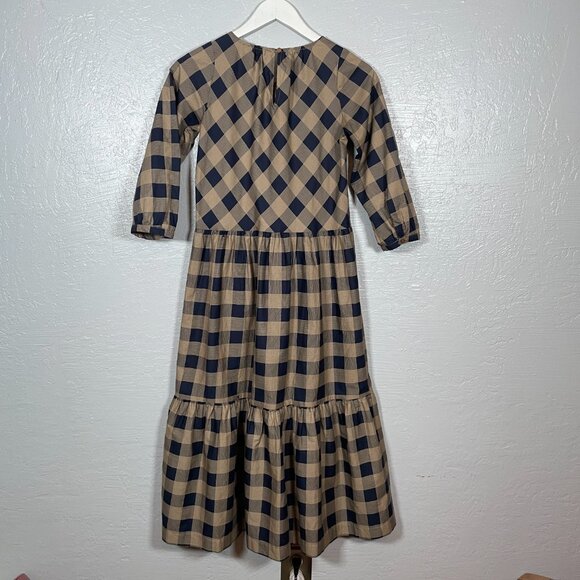 Summersalt Women XS Black Brown Buffalo Check Tiered Midi Dress Cotton Cottage - Picture 5 of 9